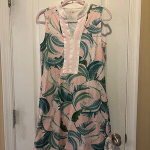 Spartina 449 Tunic Dress Pink and Green Island Palm Design, Sleeveless V-Neck